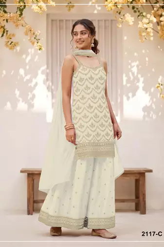 white chinon semi stitched suit with embroidery & sequence work
