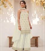 white chinon semi stitched suit with embroidery & sequence work