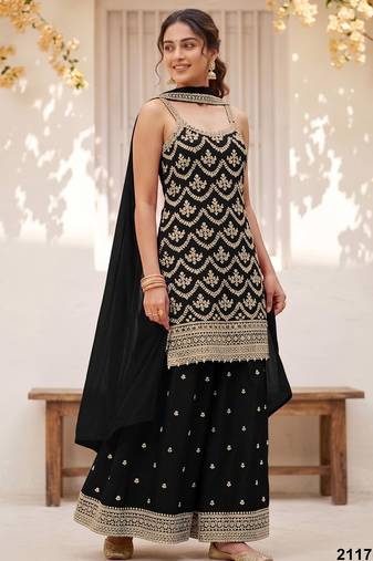 black chinon semi stitched suit with embroidery & sequence work