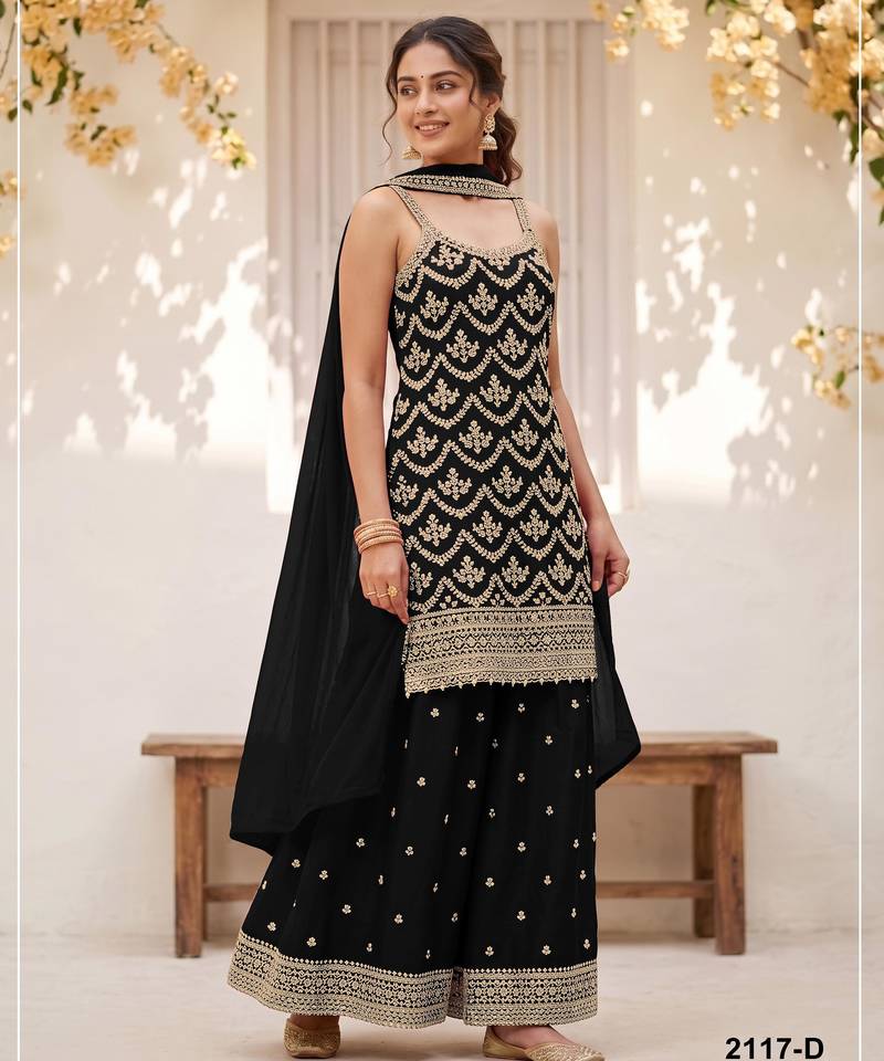 black chinon semi stitched suit with embroidery & sequence work
