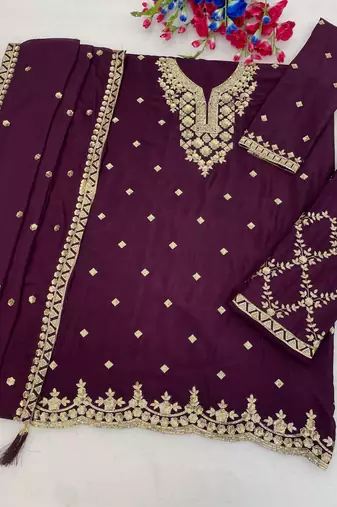 purple chinon semi stitched suit with embroidery & sequence work