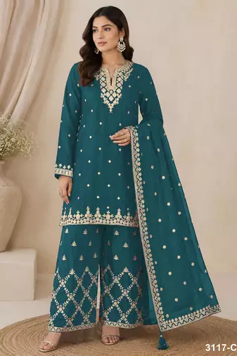 teal blue chinon semi stitched suit with embroidery & sequence work