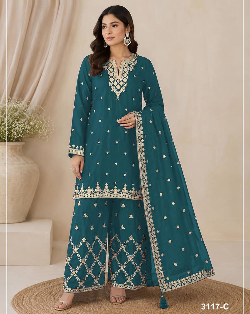 teal blue chinon semi stitched suit with embroidery & sequence work