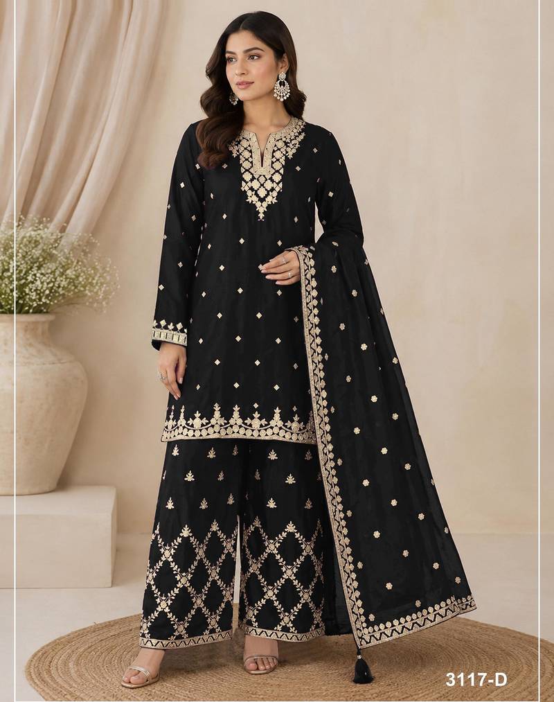 black chinon semi stitched suit with embroidery & sequence work
