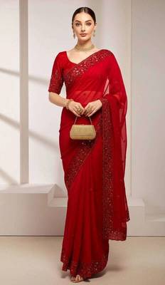 Multicolor satin embroidered sequins work heavy look ethnic saree with blouse 1
