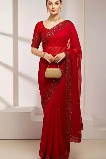 Multicolor satin embroidered sequins work heavy look ethnic saree with blouse