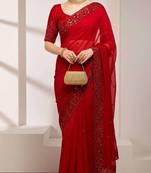 Multicolor satin embroidered sequins work heavy look ethnic saree with blouse