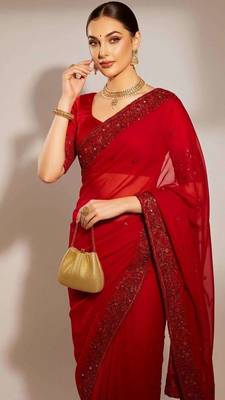 Multicolor satin embroidered sequins work heavy look ethnic saree with blouse 2