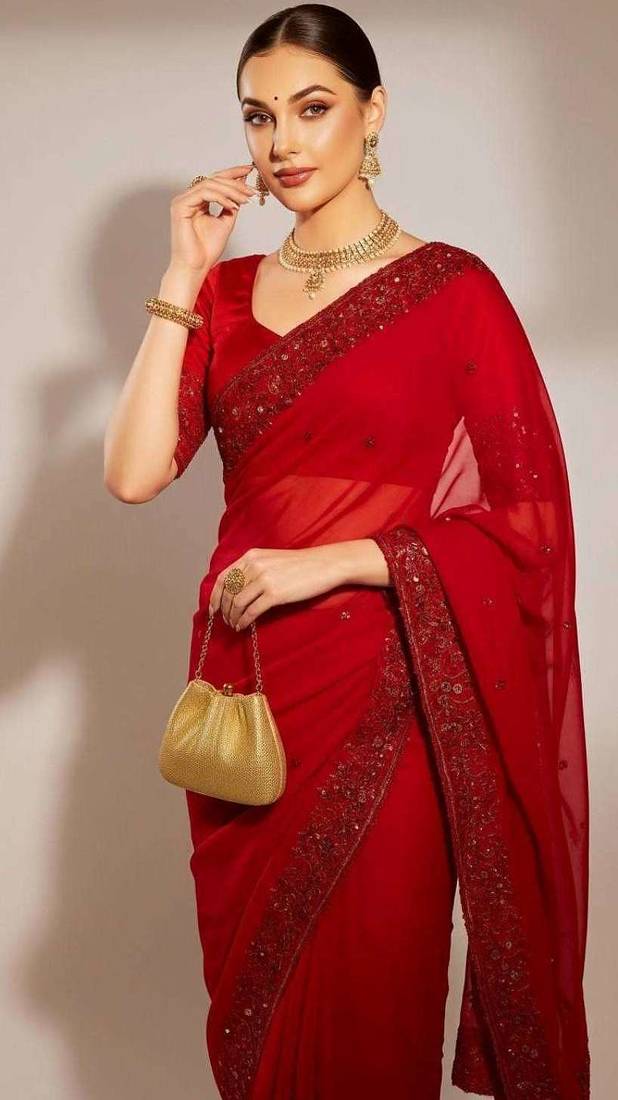 Multicolor satin embroidered sequins work heavy look ethnic saree with blouse