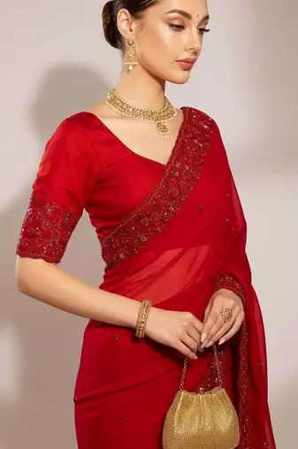 Multicolor satin embroidered sequins work heavy look ethnic saree with blouse