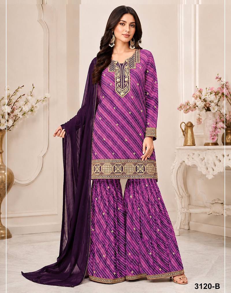 purple georgette semi stitched suit with embroidery & sequence work