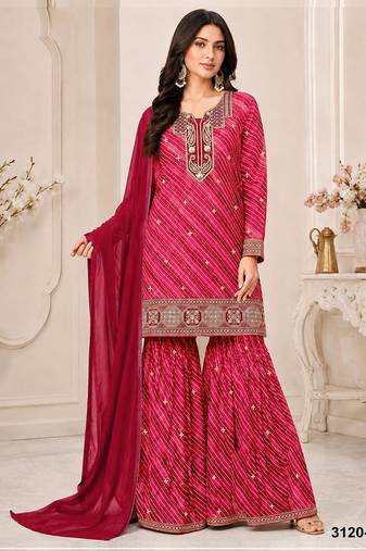 red georgette semi stitched suit with embroidery & sequence work