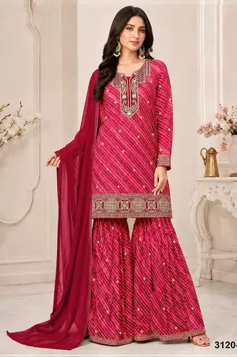 red georgette semi stitched suit with embroidery & sequence work