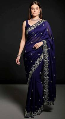 Purple satin embroidered sequins work heavy look ethnic saree with blouse 5