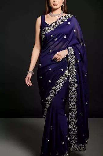 Purple satin embroidered sequins work heavy look ethnic saree with blouse