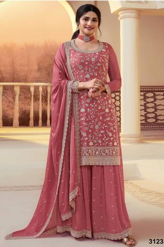 peach chinon semi stitched suit with embroidery & sequence work