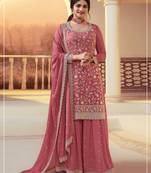 peach chinon semi stitched suit with embroidery & sequence work