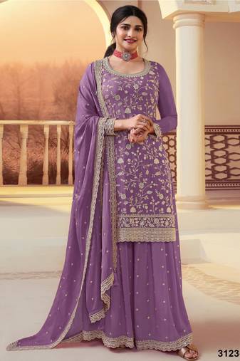 lavender chinon semi stitched suit with embroidery & sequence work