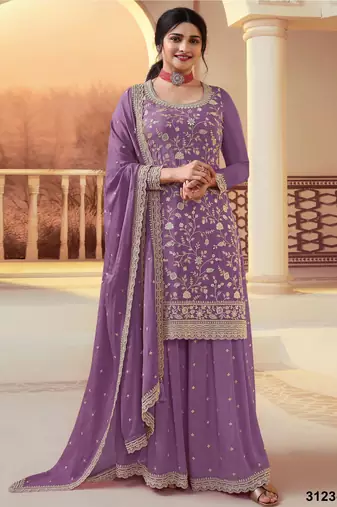 lavender chinon semi stitched suit with embroidery & sequence work