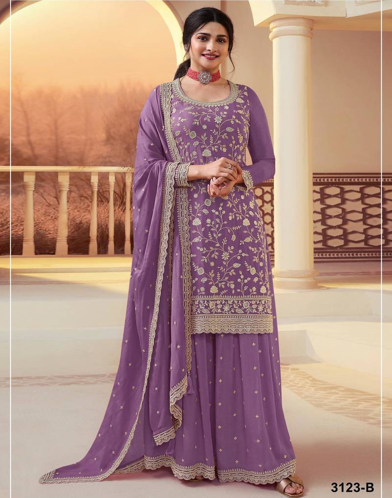 lavender chinon semi stitched suit with embroidery & sequence work