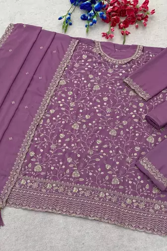 lavender chinon semi stitched suit with embroidery & sequence work