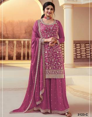 pink chinon semi stitched suit with embroidery & sequence work 1
