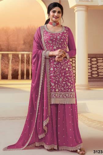 pink chinon semi stitched suit with embroidery & sequence work