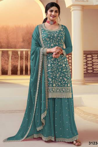 blue chinon semi stitched suit with embroidery & sequence work