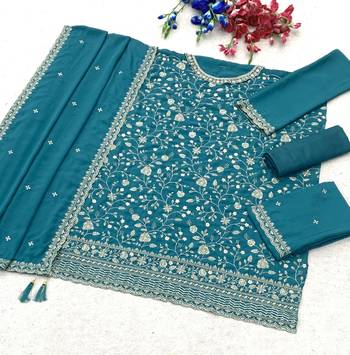 blue chinon semi stitched suit with embroidery & sequence work 2