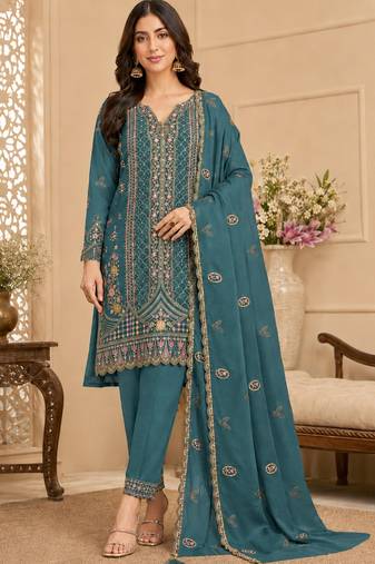 teal blue silk blend  semi stitched suit with embroidery & sequence work