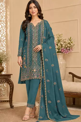 Teal Blue Silk Semi Stitched Suit with Embroidery & Sequence Work