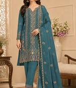 teal blue silk blend  semi stitched suit with embroidery & sequence work