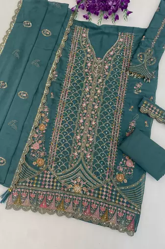 Teal Blue Silk Semi Stitched Suit with Embroidery & Sequence Work