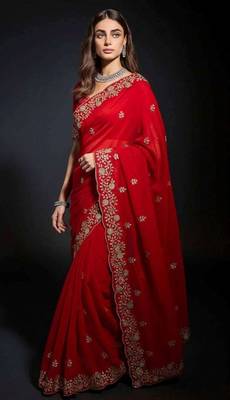 Red satin embroidered sequins work heavy look ethnic saree with blouse 5