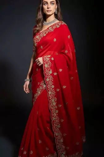 Red satin embroidered sequins work heavy look ethnic saree with blouse
