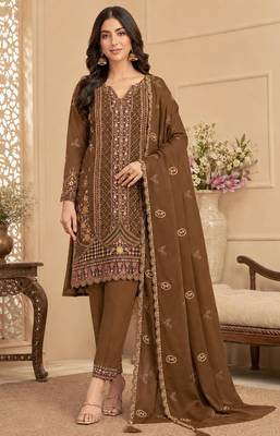 brown silk blend  semi stitched suit with embroidery & sequence work 1