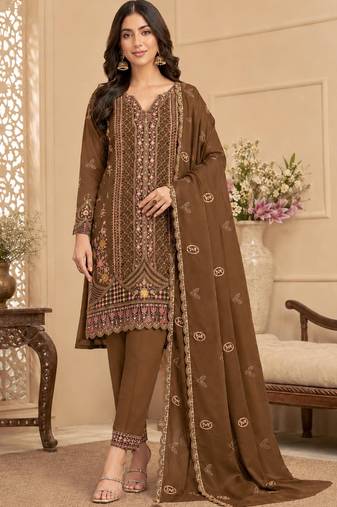 brown silk blend  semi stitched suit with embroidery & sequence work