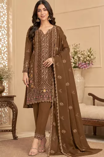 Brown Silk Semi Stitched Suit with Embroidery & Sequence Work