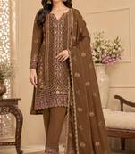 brown silk blend  semi stitched suit with embroidery & sequence work