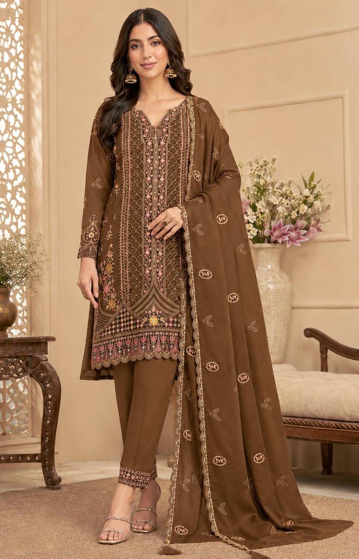 brown silk blend  semi stitched suit with embroidery & sequence work