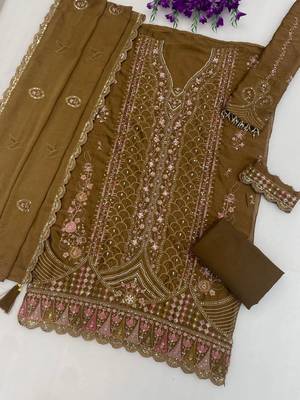 brown silk blend  semi stitched suit with embroidery & sequence work 2