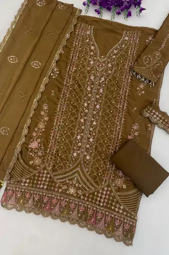 Brown Silk Semi Stitched Suit with Embroidery & Sequence Work