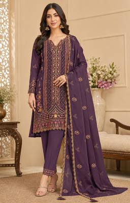 purple silk blend  semi stitched suit with embroidery & sequence work 1