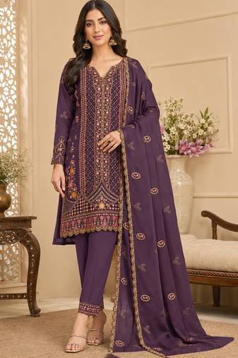 purple silk blend  semi stitched suit with embroidery & sequence work