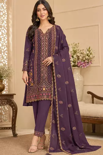 Purple Silk Semi Stitched Suit with Embroidery & Sequence Work