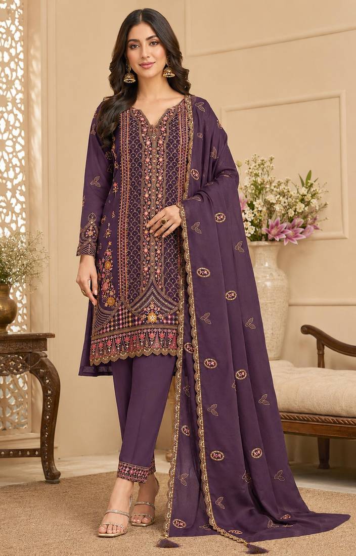 purple silk blend  semi stitched suit with embroidery & sequence work