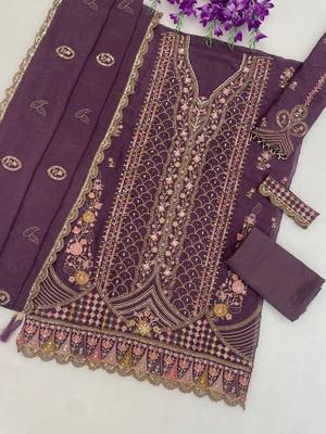 purple silk blend  semi stitched suit with embroidery & sequence work 2