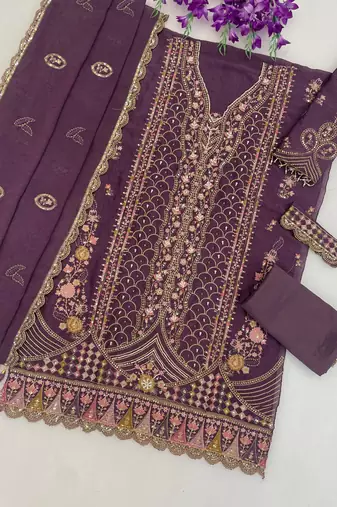 Purple Silk Semi Stitched Suit with Embroidery & Sequence Work