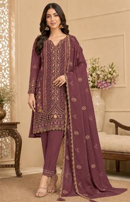 wine silk blend  semi stitched suit with embroidery & sequence work 1
