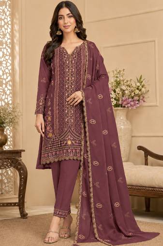 wine silk blend  semi stitched suit with embroidery & sequence work